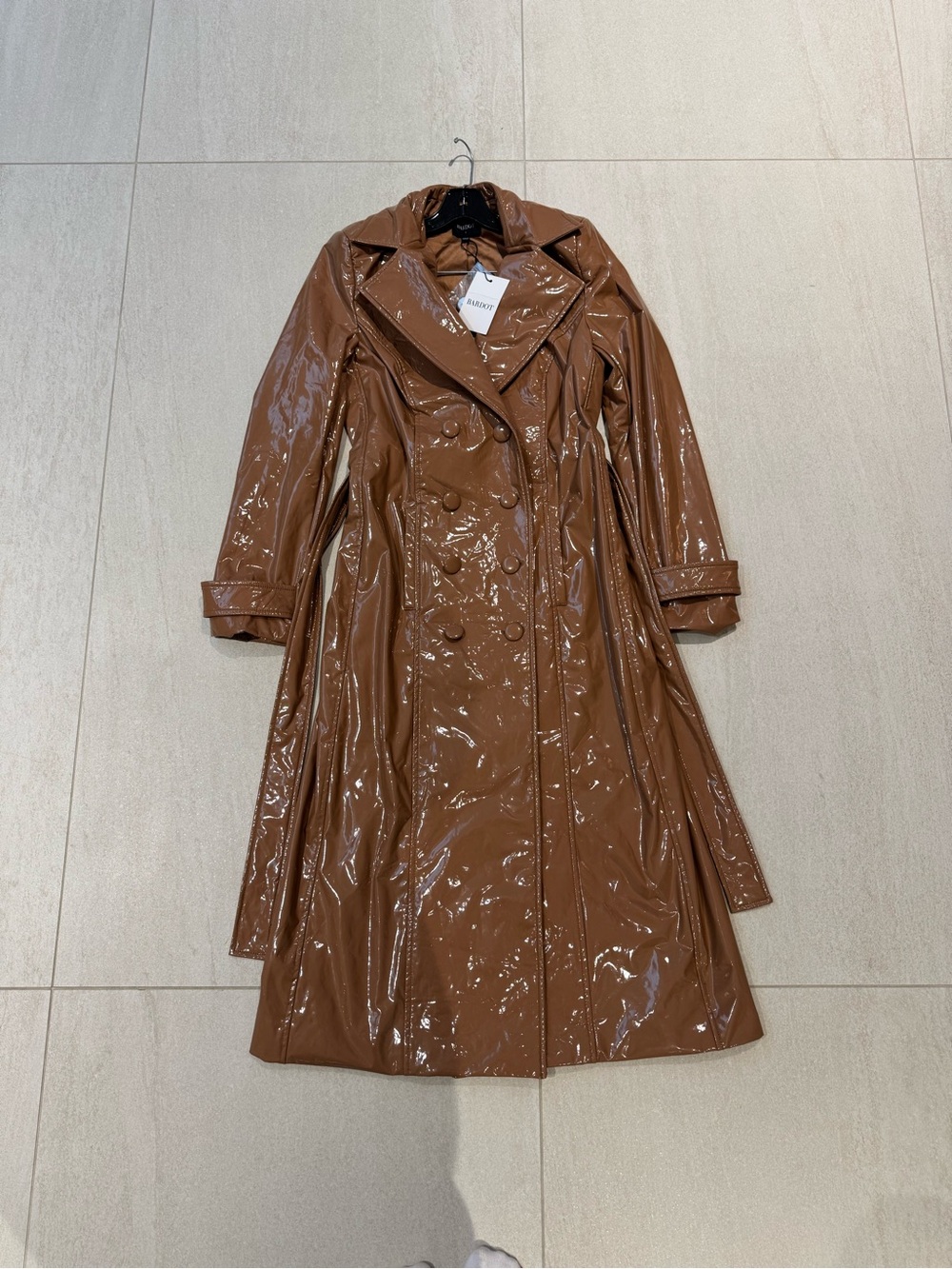 Bardot Patent Leather Long Trench Coat - Brown